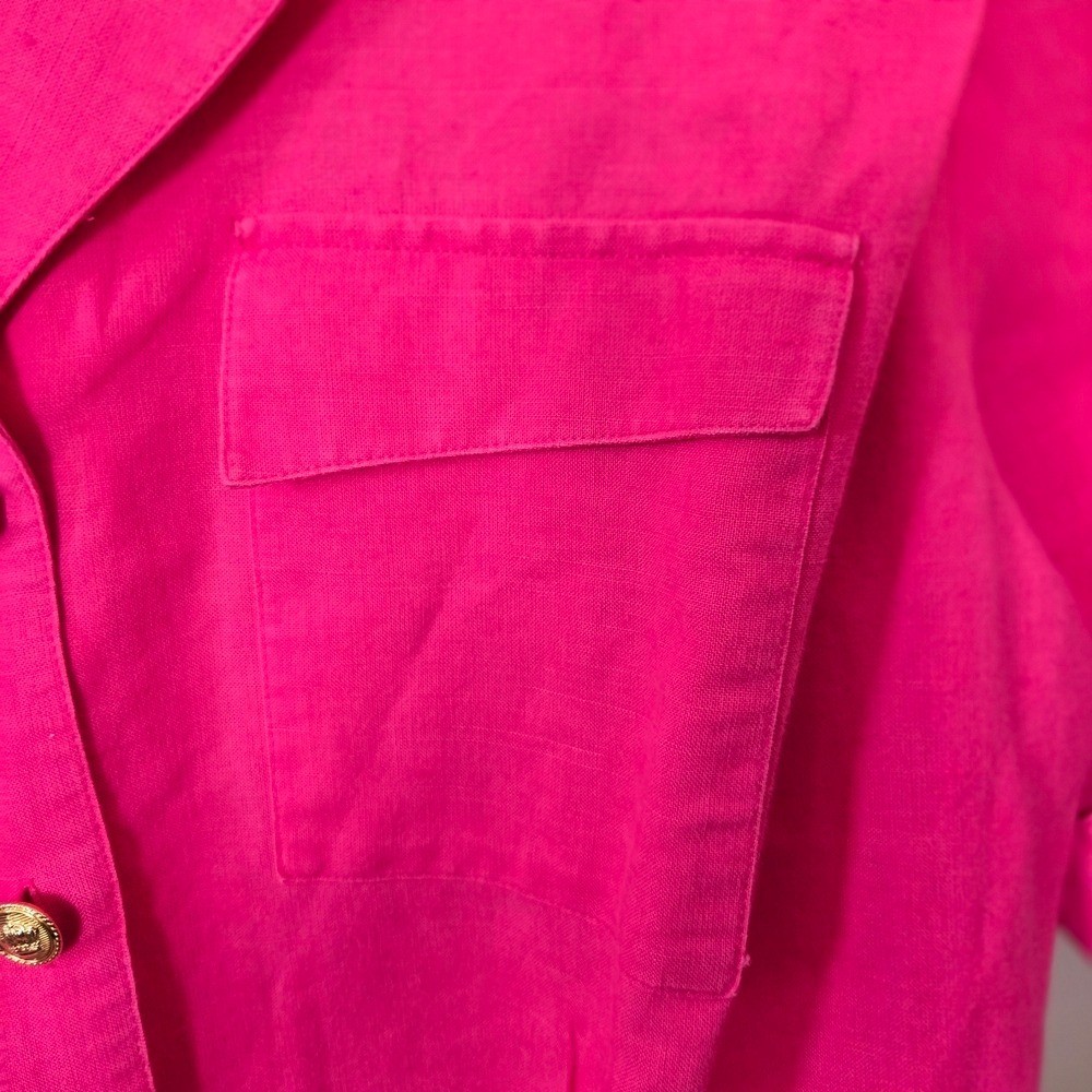 Bright Pink Gold Crown Button Blouse 80s Vintage Ramie Cotton Blend. Cuff Sleeve