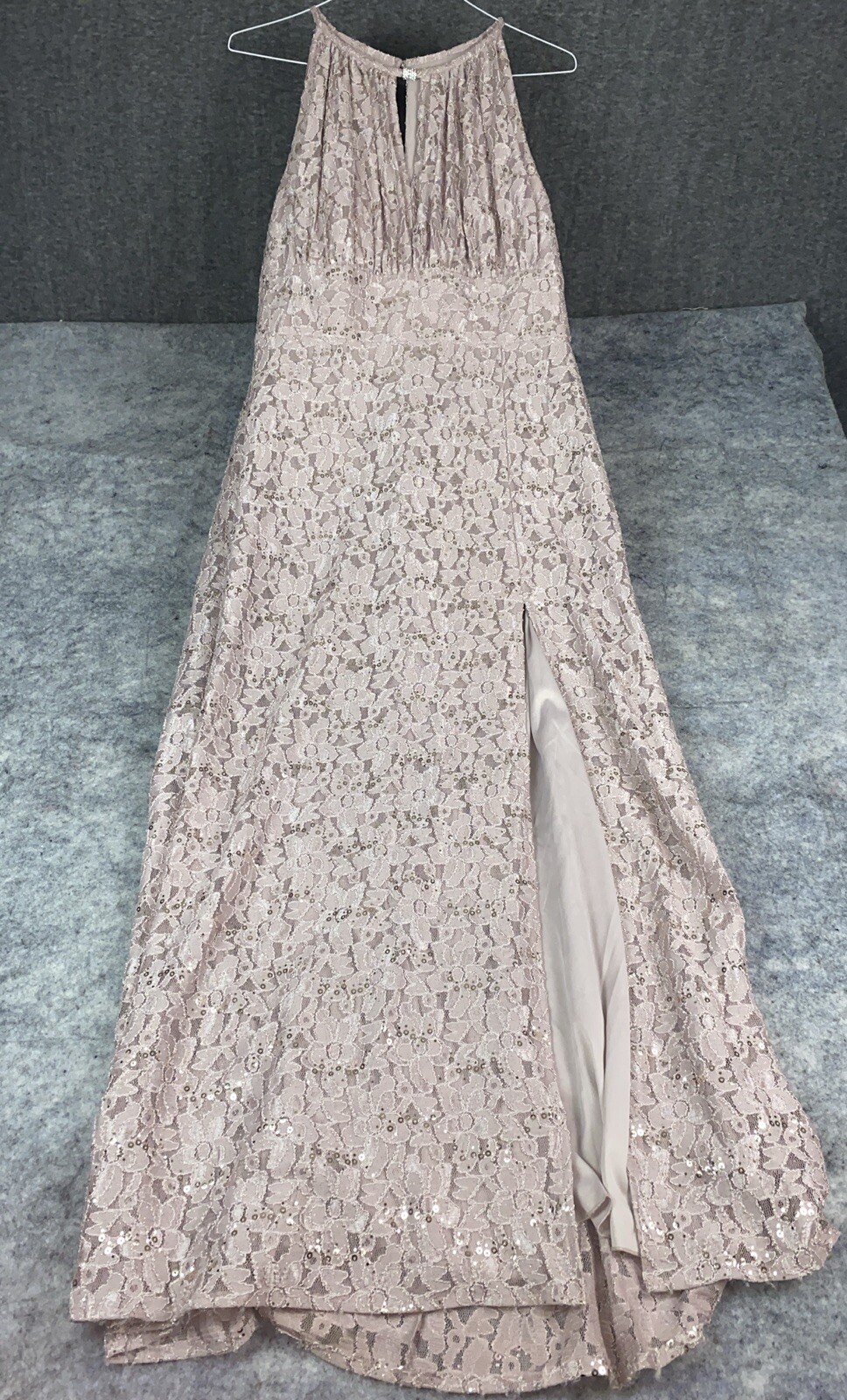 Vintage Oleg Cassini Evening Gown Womens 16 Blush Pink Beaded Sequin Front Slit