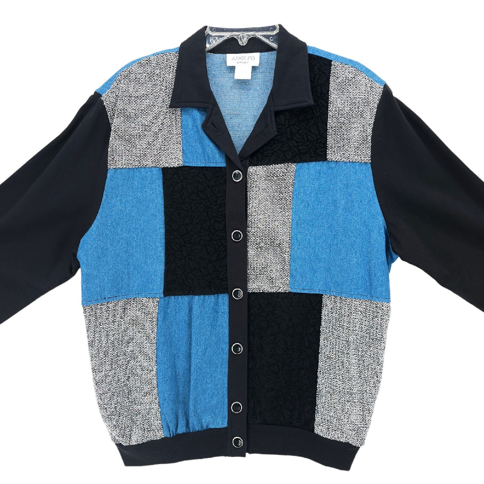NWT VTG Adolfo Sport Button Up Jacket Blouse Banded Hem Denim Colorblock LARGE