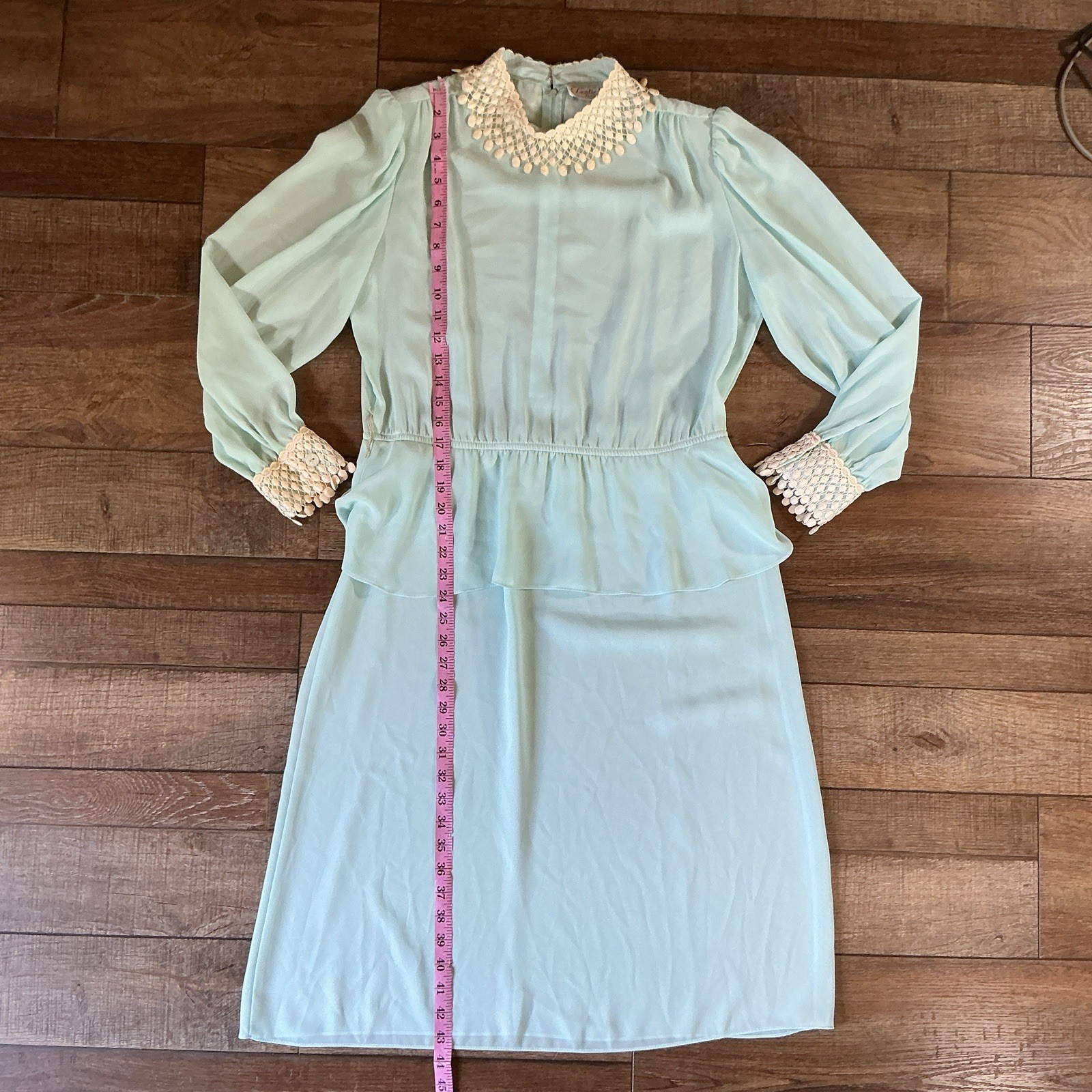 VTG Leslie Fay Petites Sz 14P Dress Mint Green Crochet Fringe Collar Peplum #41F
