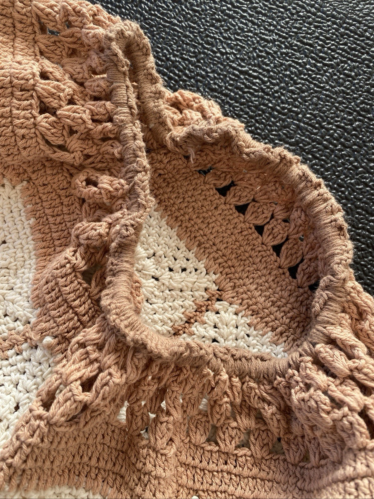 Vintage 60s 70s White And Light Brown/Beige Hand Crocheted Small