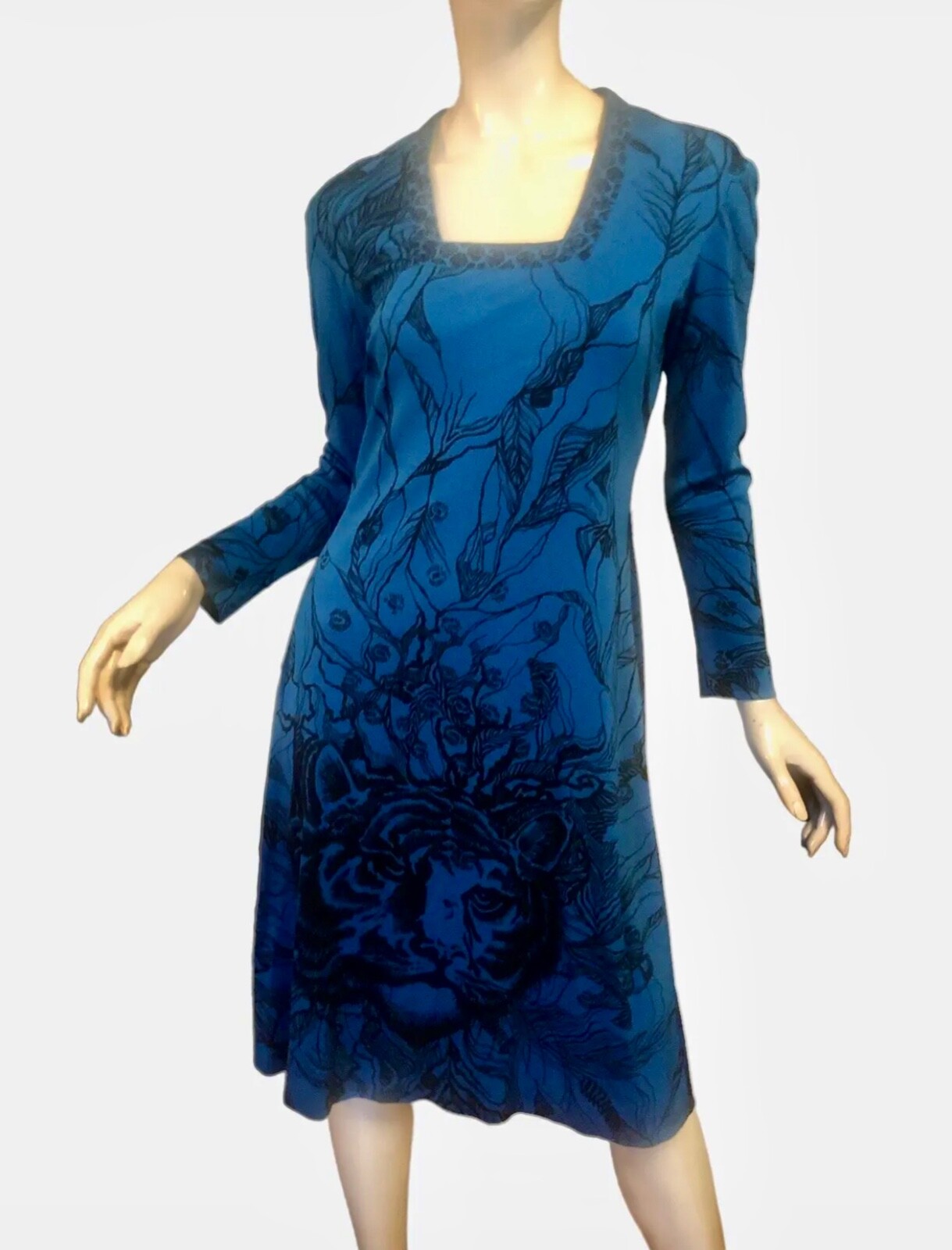 Vtg 60s 70s MAURICE Dress M Poly PSYCHEDELIC Novelty TIGER ANIMAL FLORAL Print