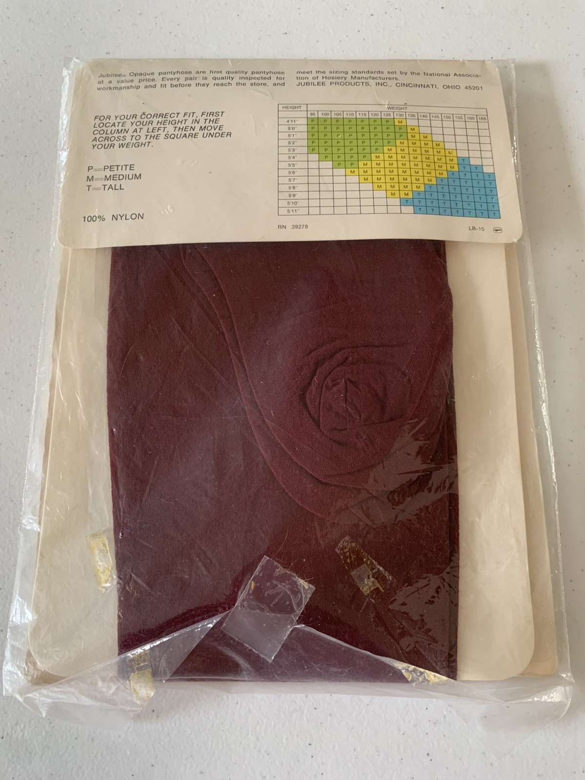 Vintage 70’s Jubilee Opaque Pantyhose Wine Medium NOS NIP 100% Nylon Nude Heel