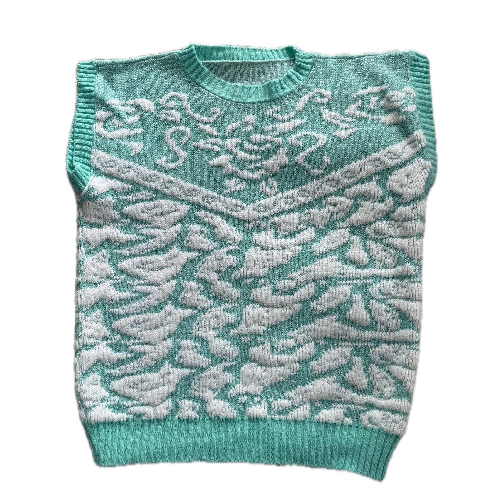 Vintage Mint Green White Floral Knit Sweater Vest Metallic Shimmer Sleeveless L