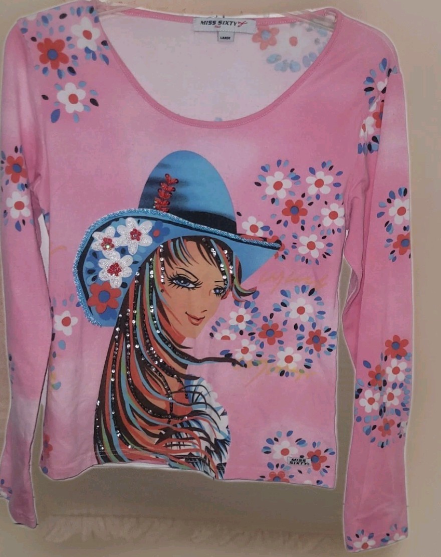 Vintage Y2K Miss Sixty Pink Long Sleeve Graphic Tee L, Cowgirl Flowers Gypsy