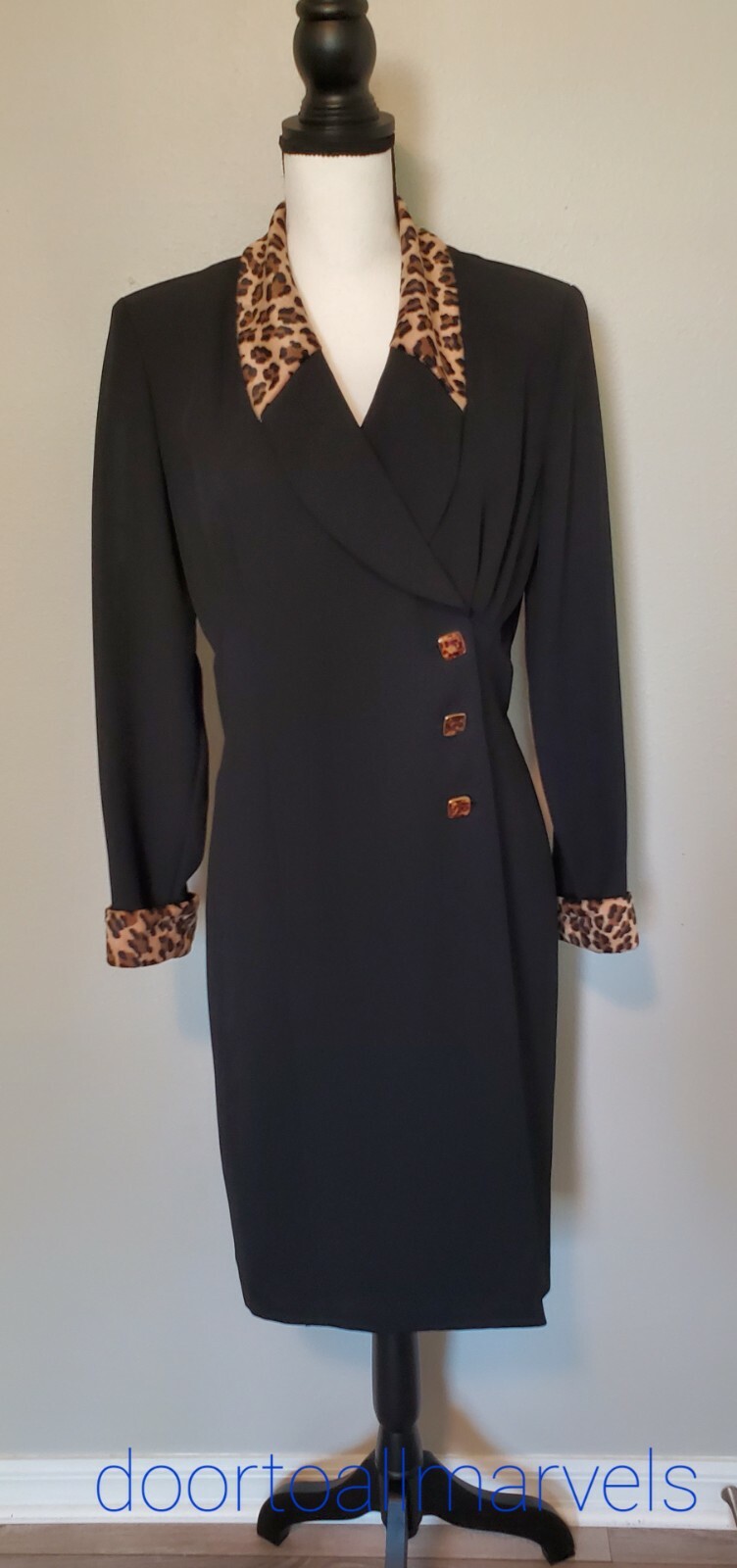 Vintage Jeffrey & Dara Black Wrap Dress Animal Print Trim sz 8 Preppy