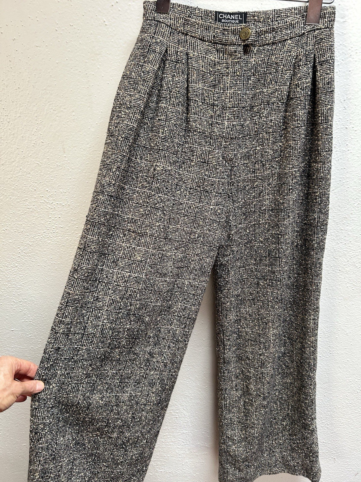 Vintage Chanel Tweed Wide Leg Trousers Wool Blend Silk Lining