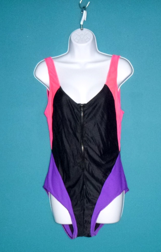 Vtg 90s Paradise Dreams Zip Front Scuba Style Colorblock Swimsuit Sz 44 / XXL