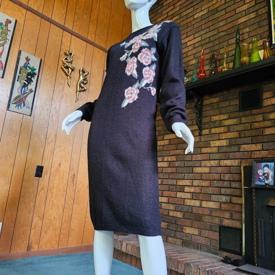 Vtg 80s New Wave Preppy Mall Rat Knit Floral Sweater Wiggle Bodycon Dress M/L