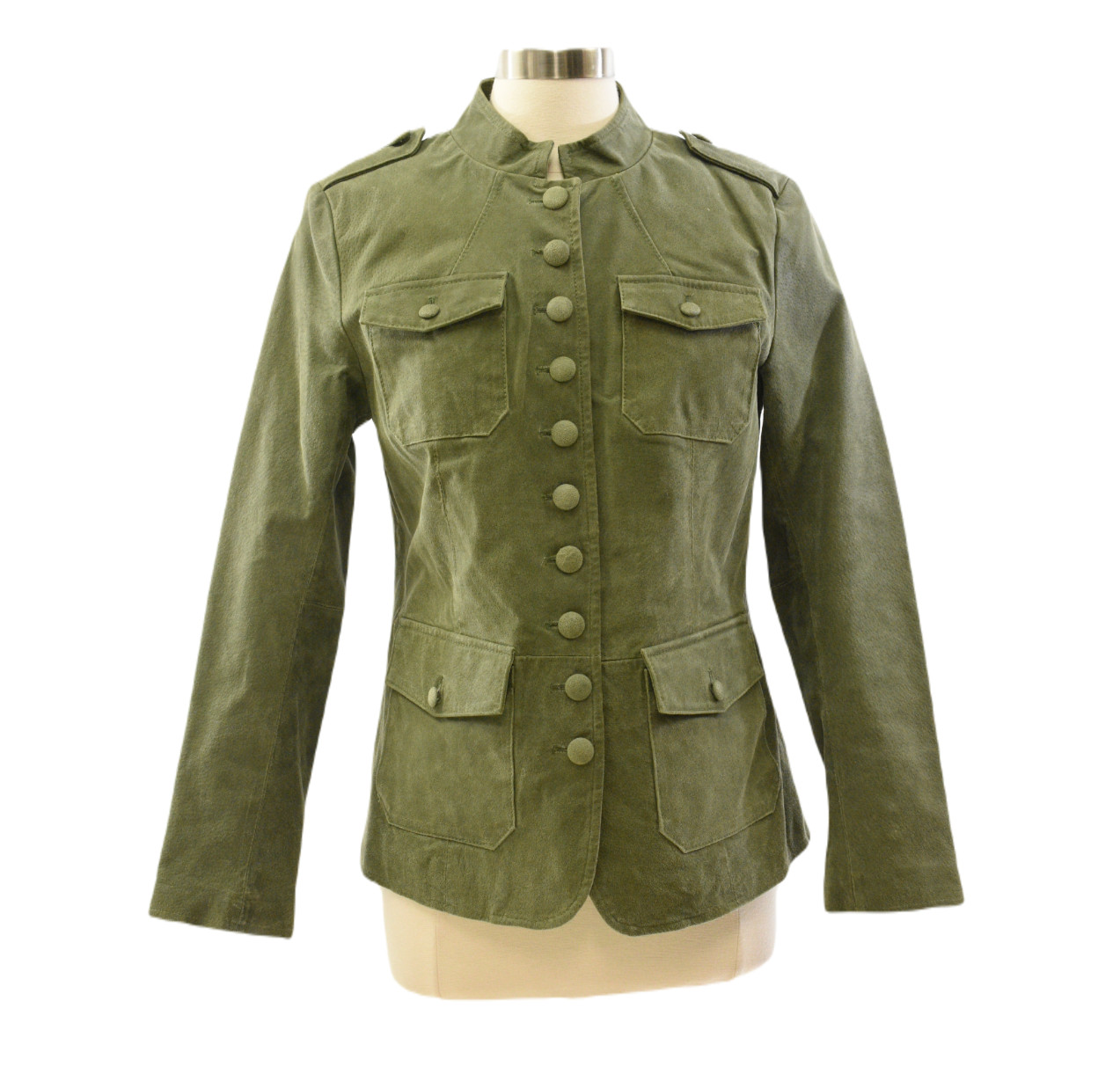 Twiggy London Olive Green Military Jacket Suede Leather Womens M