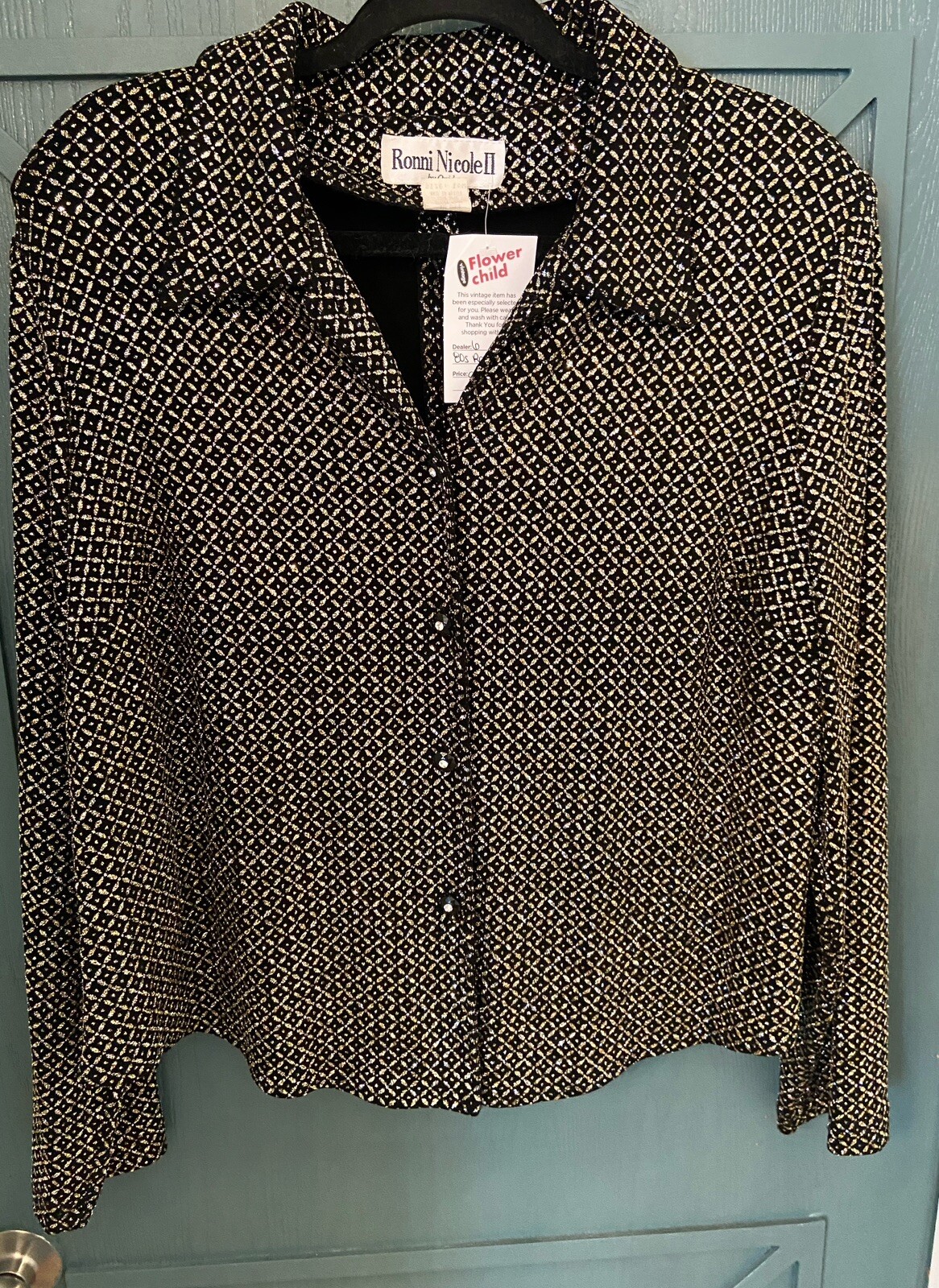 Vintage Ronni Nicole 16W Black, Silver, Gold Glitter Blouse Top Slit Back