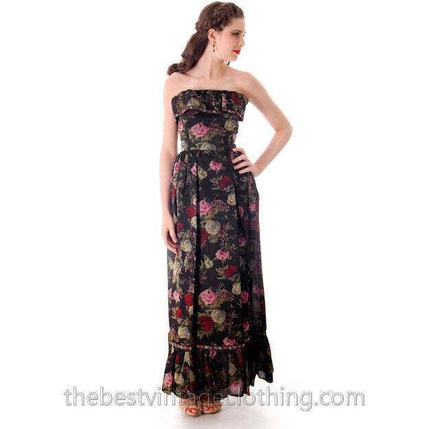 Vintage 60s Tina Leser Silk Strapless Gown Floral Maxi Mad Men Style XS