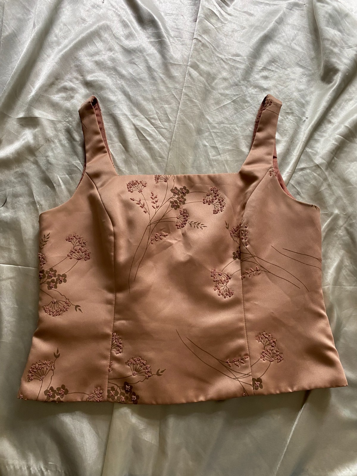 Vintage 1990s Pink Satin Delicate Floral Brocade Beaded Top Boho Minimalist