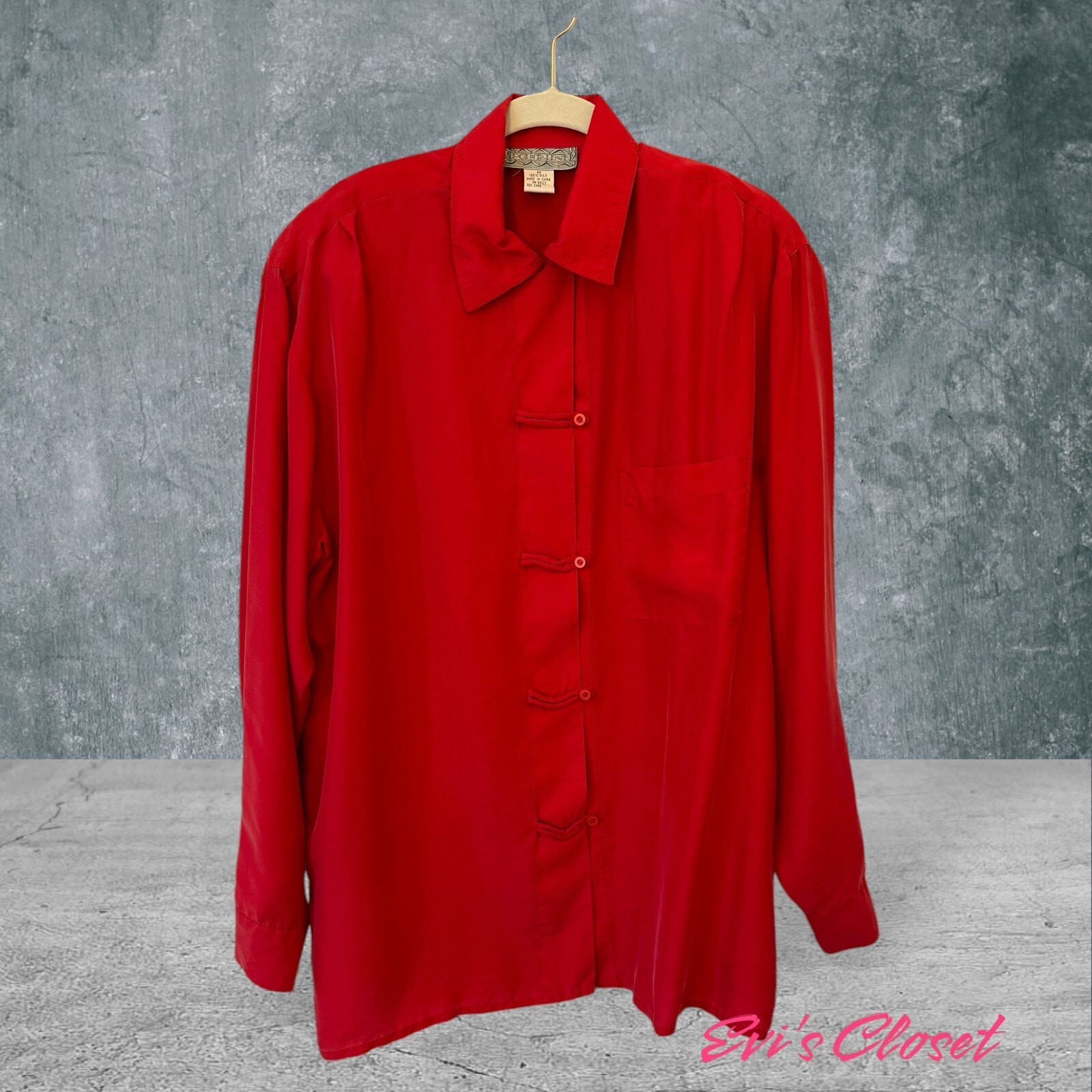 Point Line Vintage 80s 90s Women’s Sz M Silk Shirt Red Button Up Asian Inspired