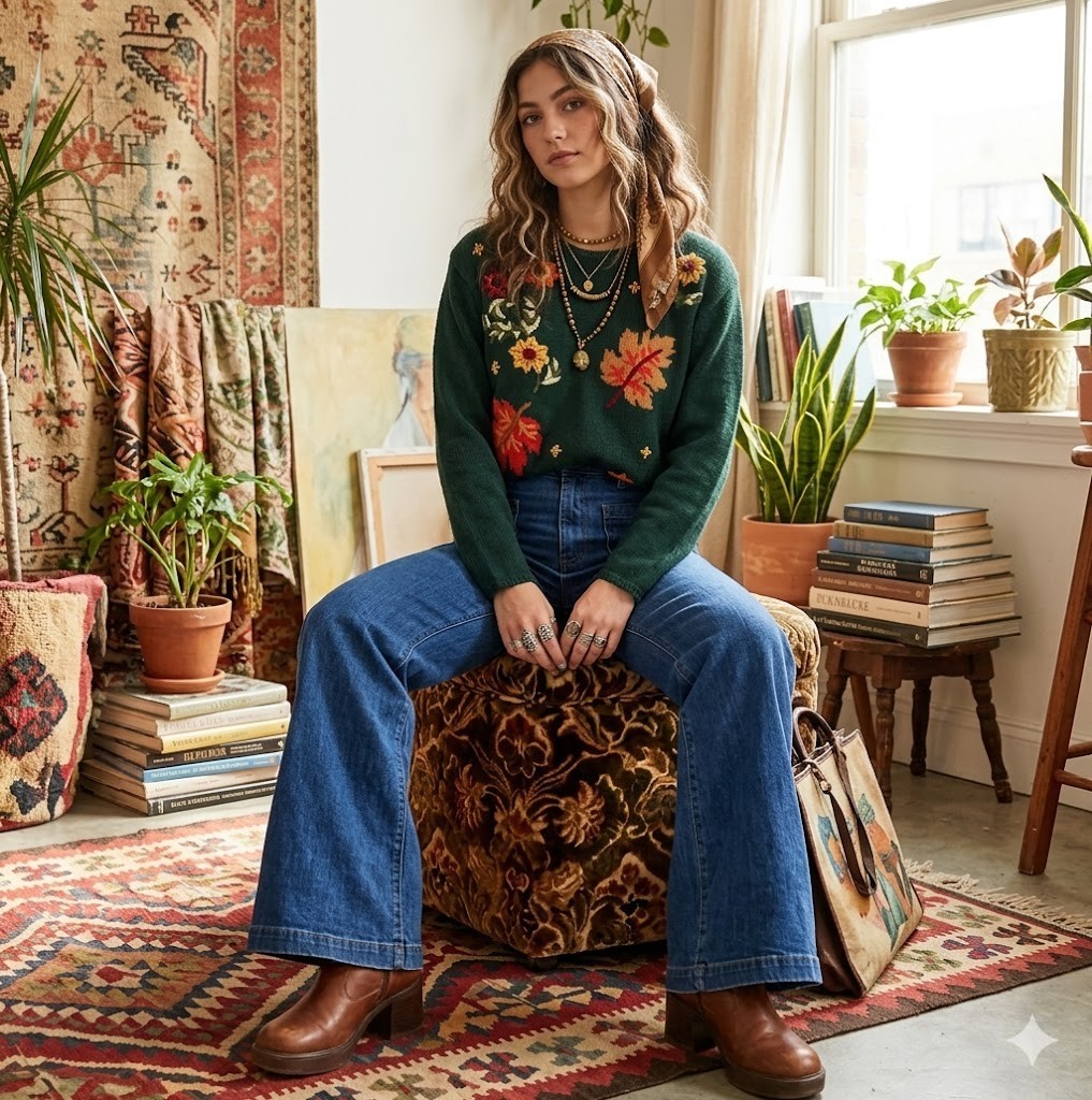 Fashion Bug 55% Ramie M Chunky Sweater Embroidery Beads Forest Fairy Earthy Boho