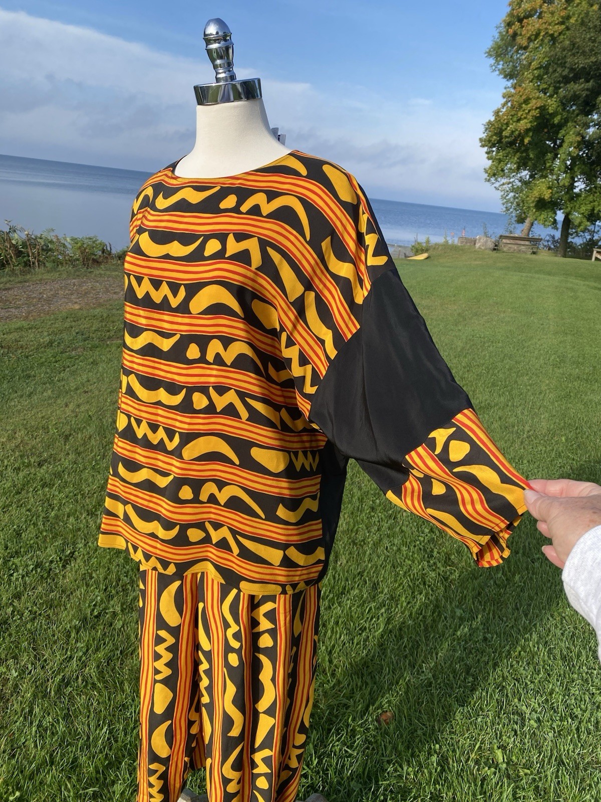 Vtg 1980s Gold Black Geometric Silk Blouse Balloon Pants Size Large To 1X