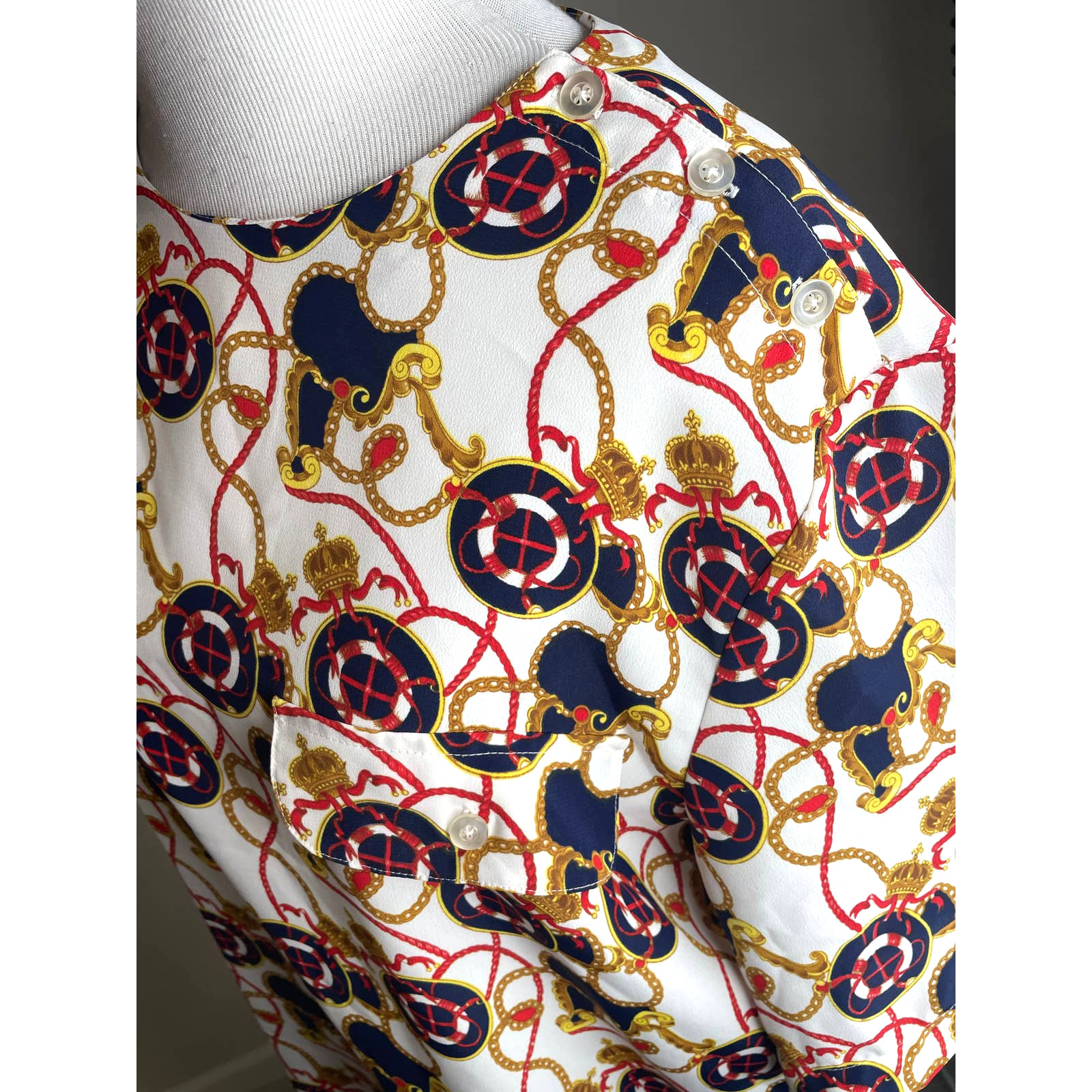 Vintage Blouse Haberdashery Leslie Fay Womens Shirt 12 Career Blue Cream Red