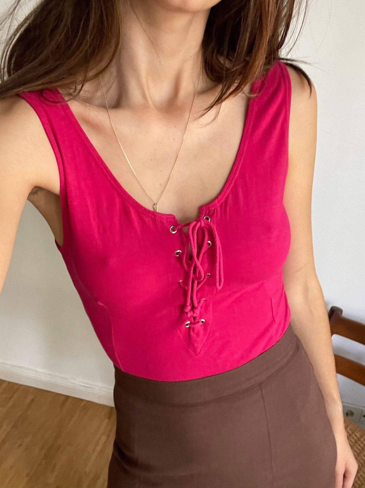 Pink feminine bodysuit, Fuchsia lace up vintage body, Sexy vibrant leotard, Vint