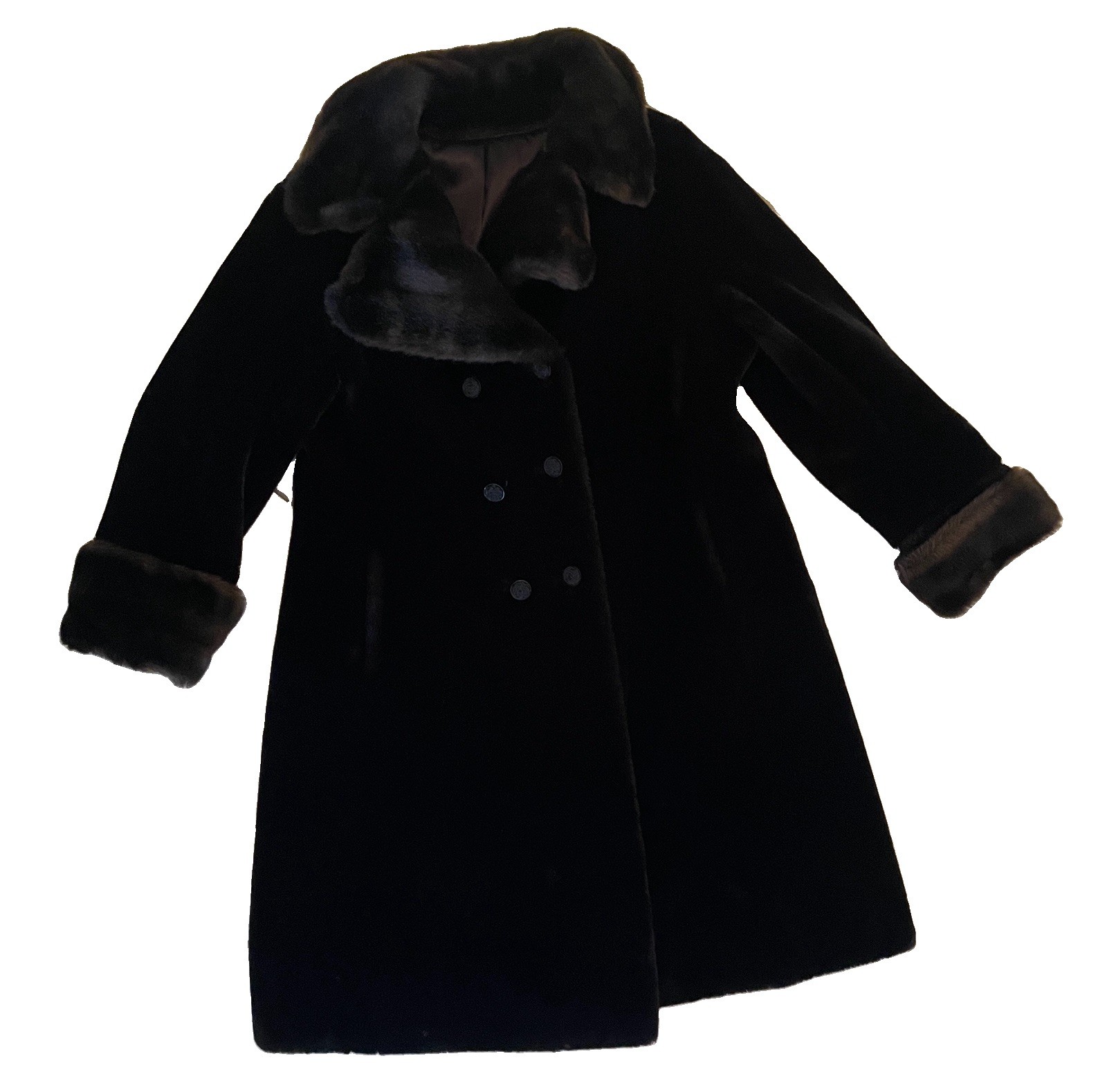 Vtg 60s Borgana Sportowne Black Faux Fur Coat ILGWU Union Double Breasted M/L