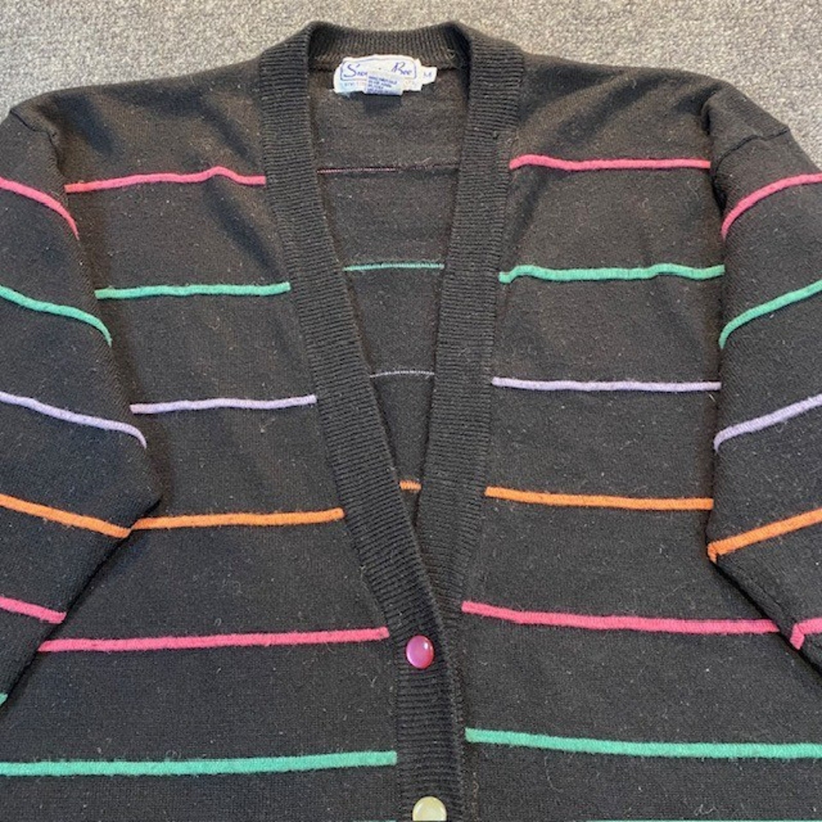 Vintage 80s Sweater Bee Banff Rainbow Stripe Black Cardigan Sweater Women Medium