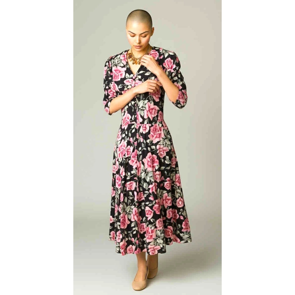 Vintage 1980s Tiona Barrie Pink Black Floral Dress Short Sleeves Size 12 Made US