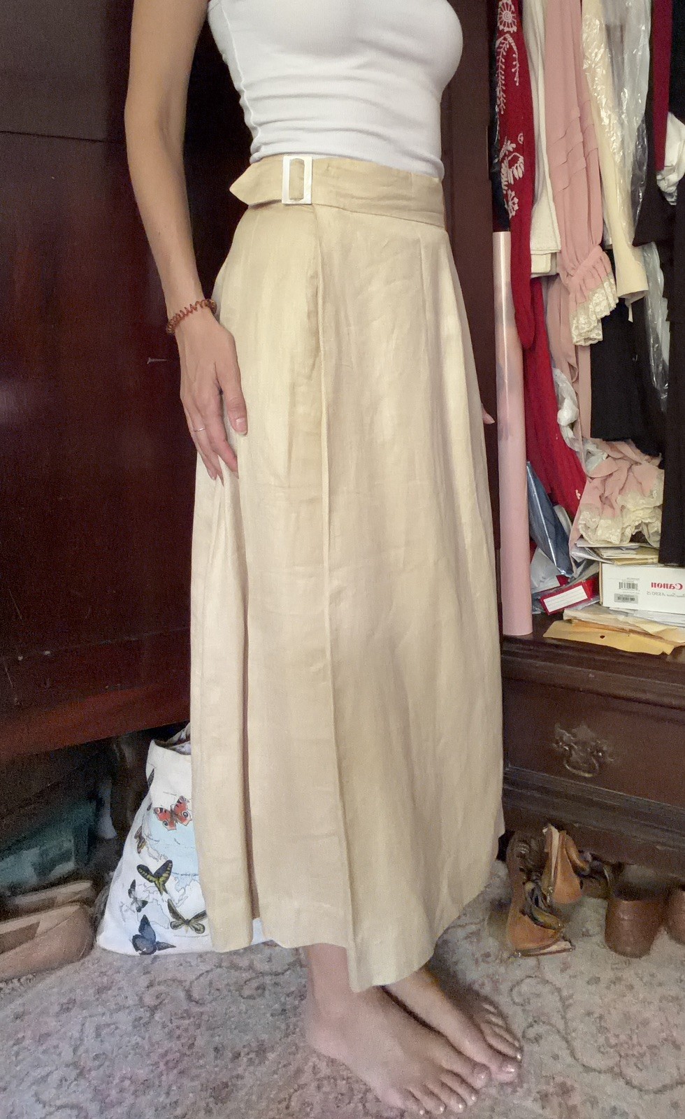 Vintage 1983 Perry Ellis Henri Bendel 100% Linen Wrap Midi Skirt Beige