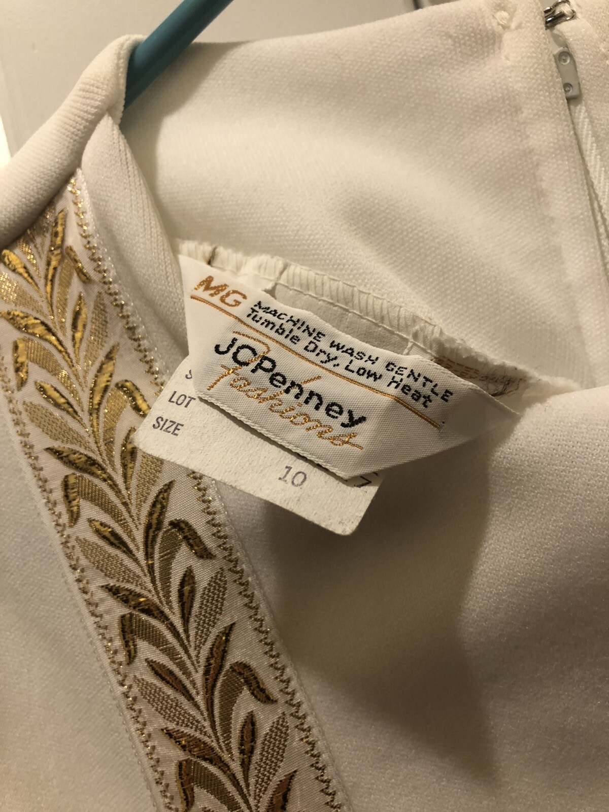 Vintage JC Penney Fashions Polyester Long White Dress With Gold Trim 10