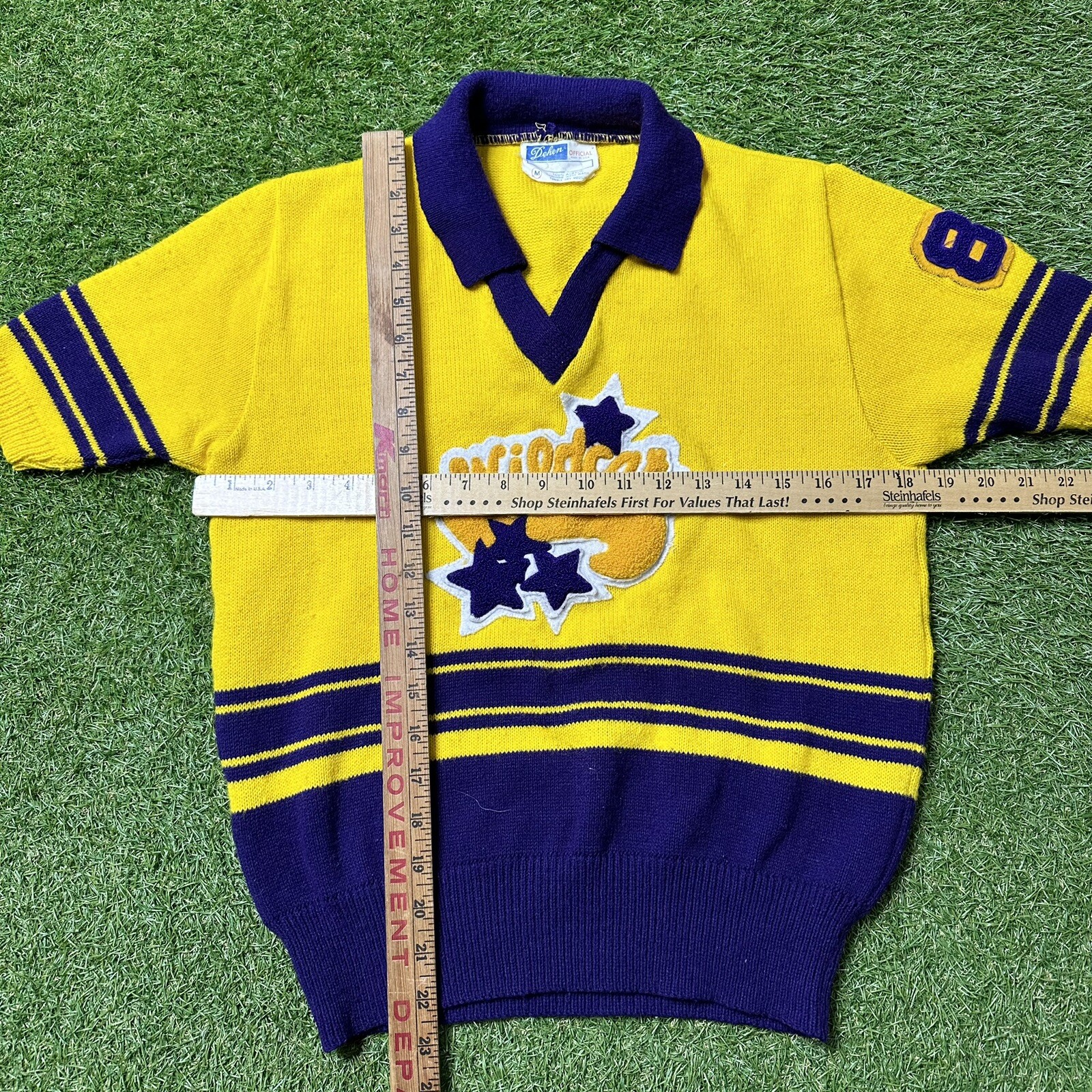 Vtg Dehen Varsity Wildcats “Joni”Cheerleader Acrylic Purple Yellow Retro Patches