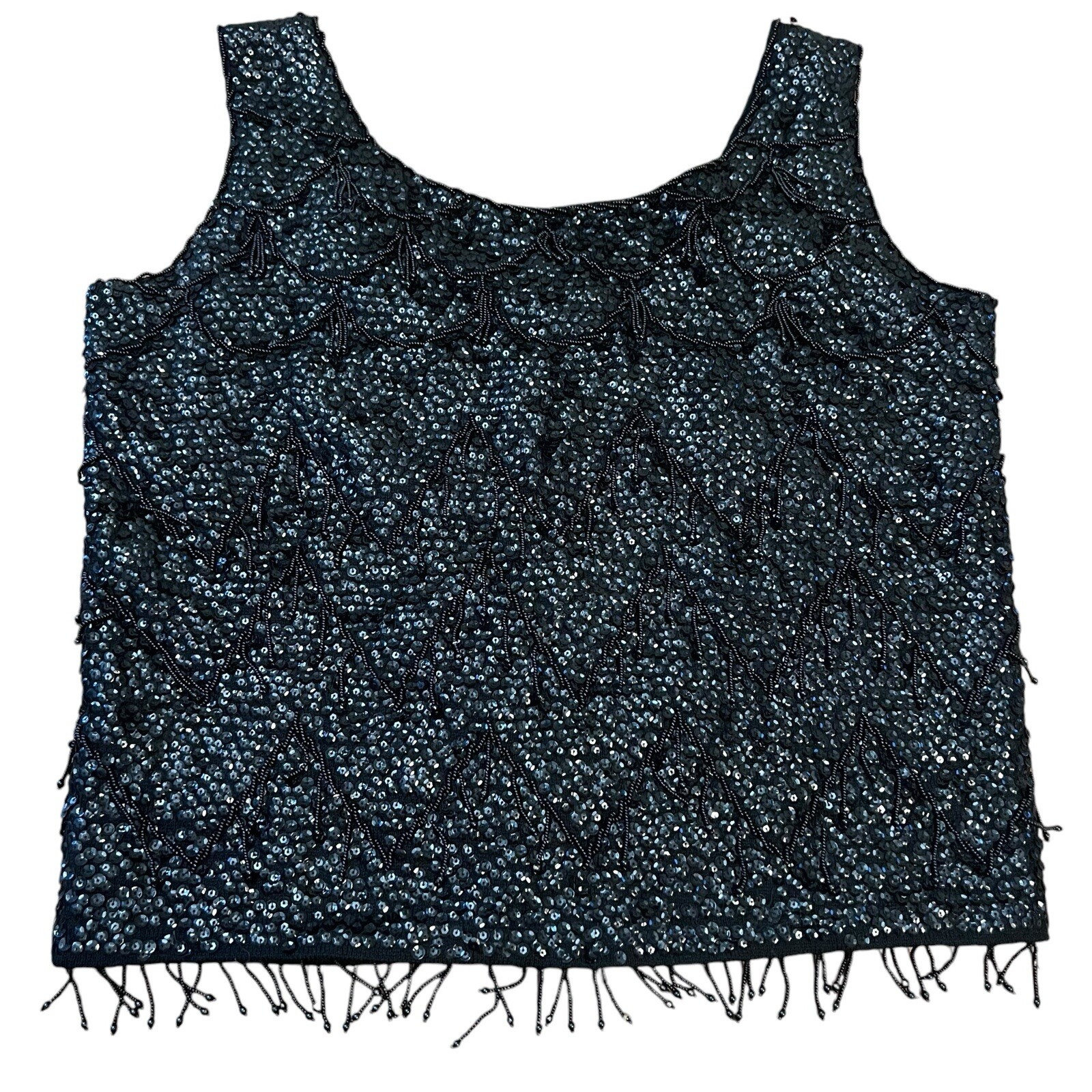 VTG Wool Sz S Women Beaded Tank Top Sequin Shell Black Fringe Trim Vintage 60s