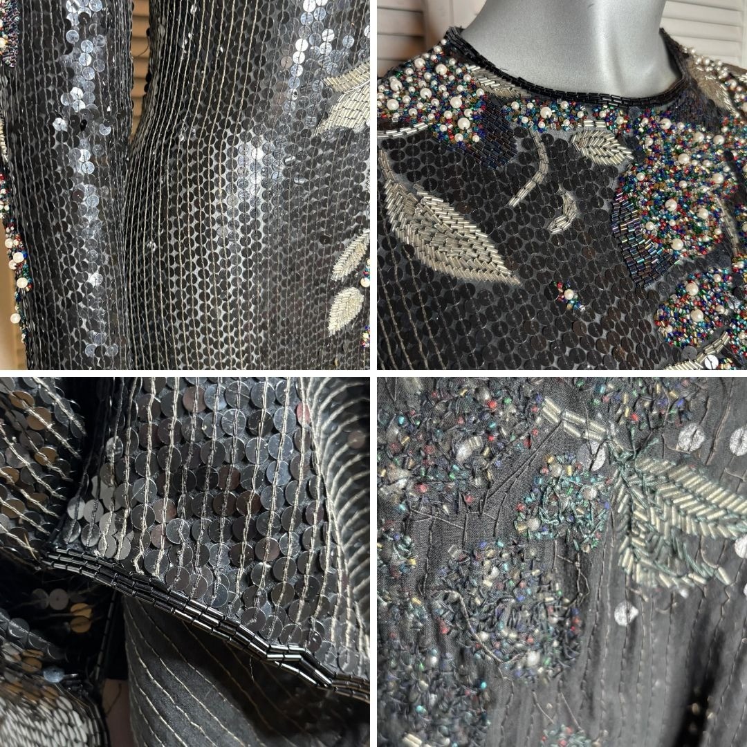 Vintage 90s RIAZEE Couture Black Beaded Sequin Silk Evening Gown Formal Dress 6
