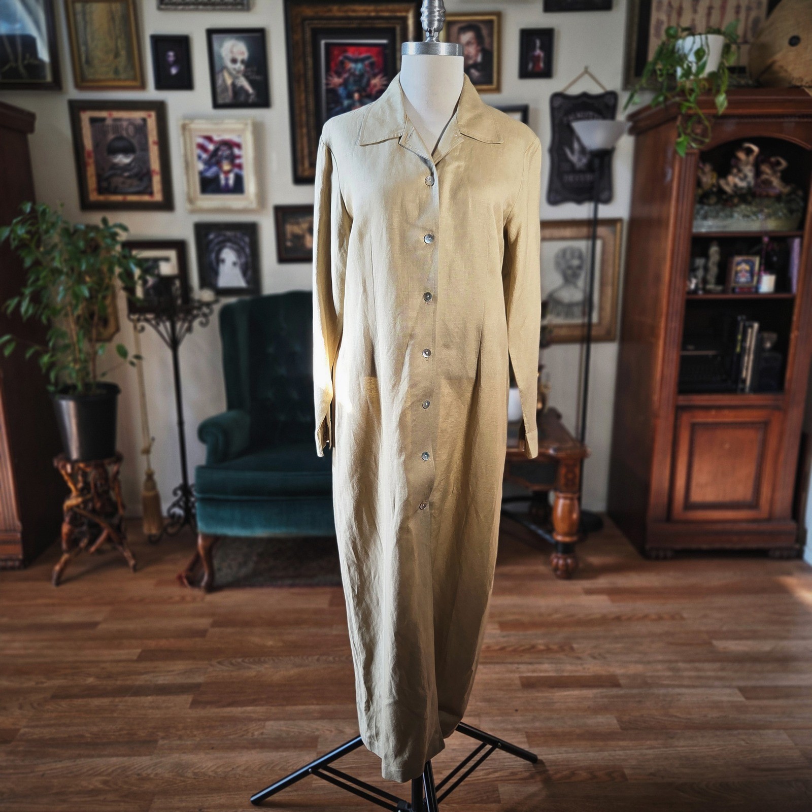 Styleworks Maxi Dress Vintage 90s Tan Linen Rayon Button Front Long Sleeve 12