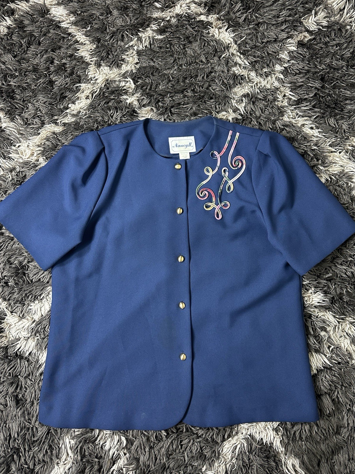 Vintage 90s Nancy II Blue Short Sleeve Button Blouse Jacket Embroidered 18WP
