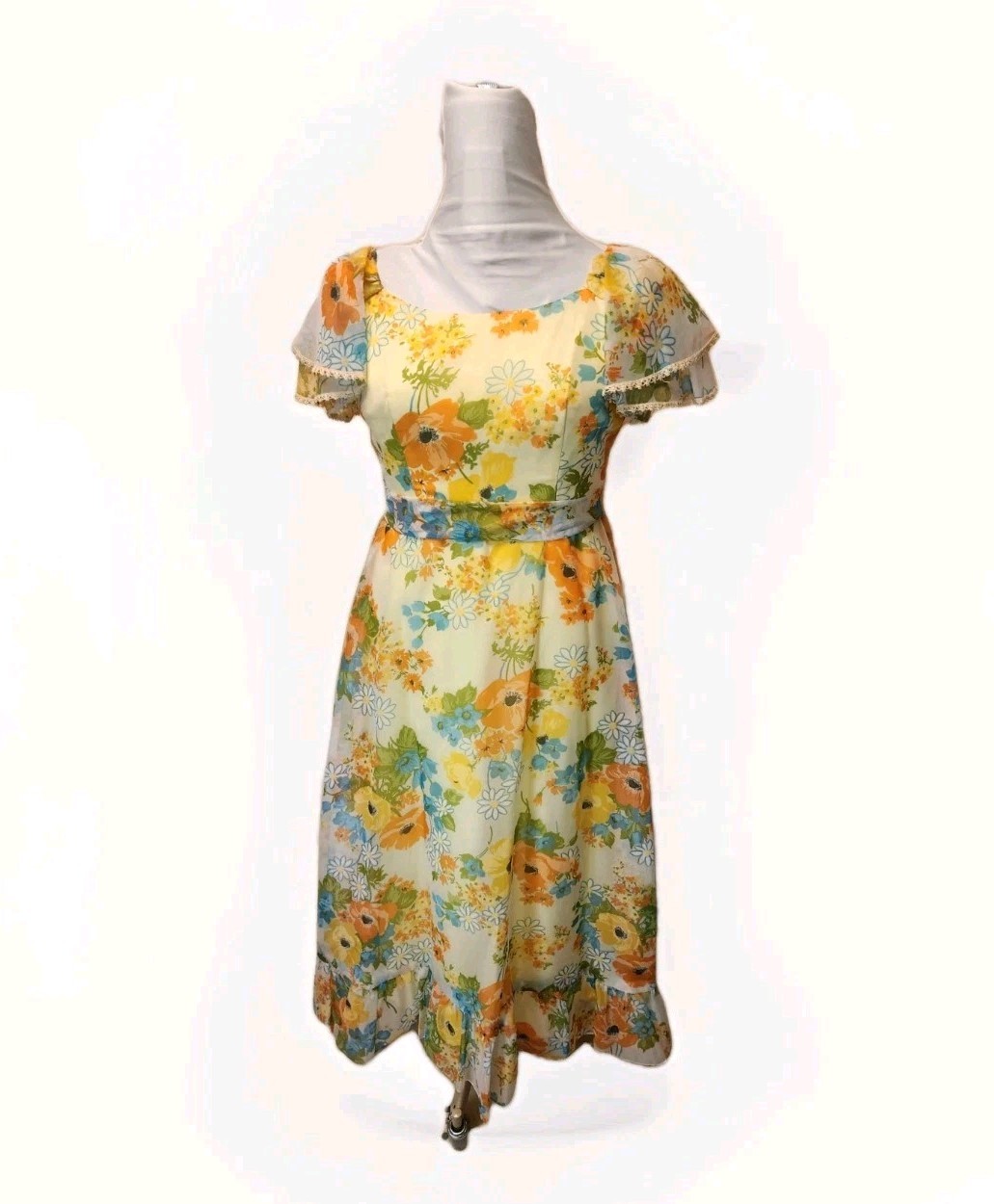Vtg Wm’s 70s Yellow Floral Maxi Dress*Sheer Flutter Sleeve*Lg-photo Measurements