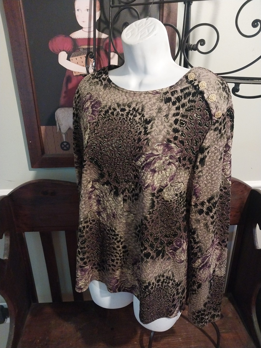 VINTAGE SHARON ANTHONY TOP WOMEN’S XL GOLD METALLIC FLORAL STRETCH PULLOVER