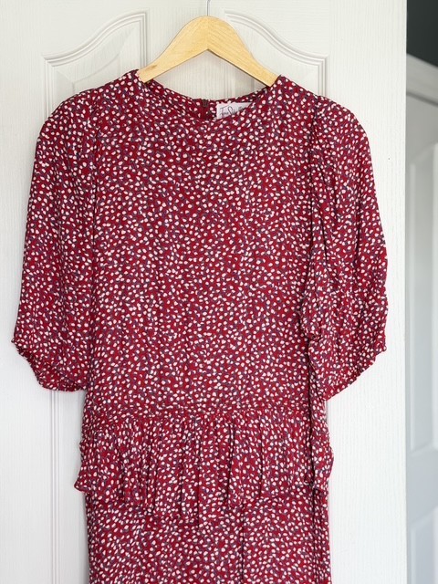 Vintage Jane Schaffhausen Belle France Rayon Dress Red Floral Ruffle Size 8 USA