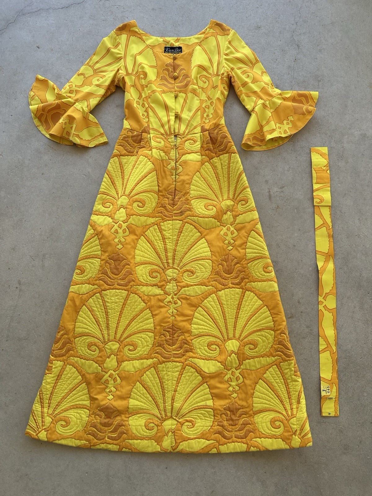 1960s Van Dee Bangkok Quilted Maxi Dress Psychedelic Bell Sleeve Resort Hostess