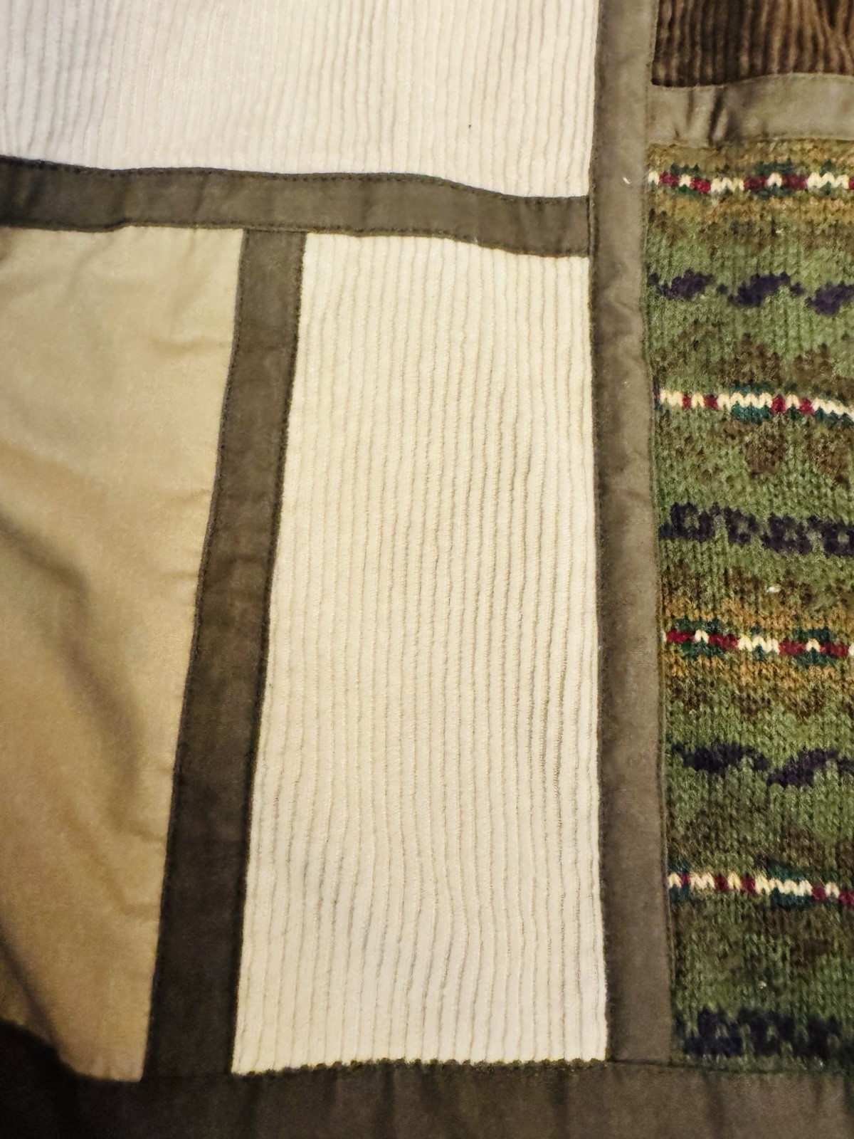 Vintage IZZI Patchwork Corduroy Sweater Olive Green Jacket Large Full Zip Snaps