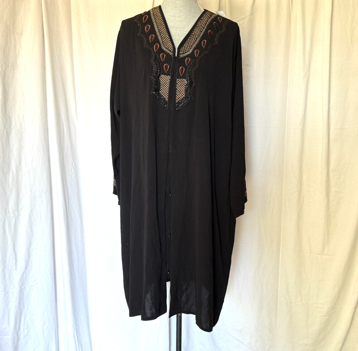 Vintage Open Front Black light Duster Jacket with Embroidery and hand beading S6
