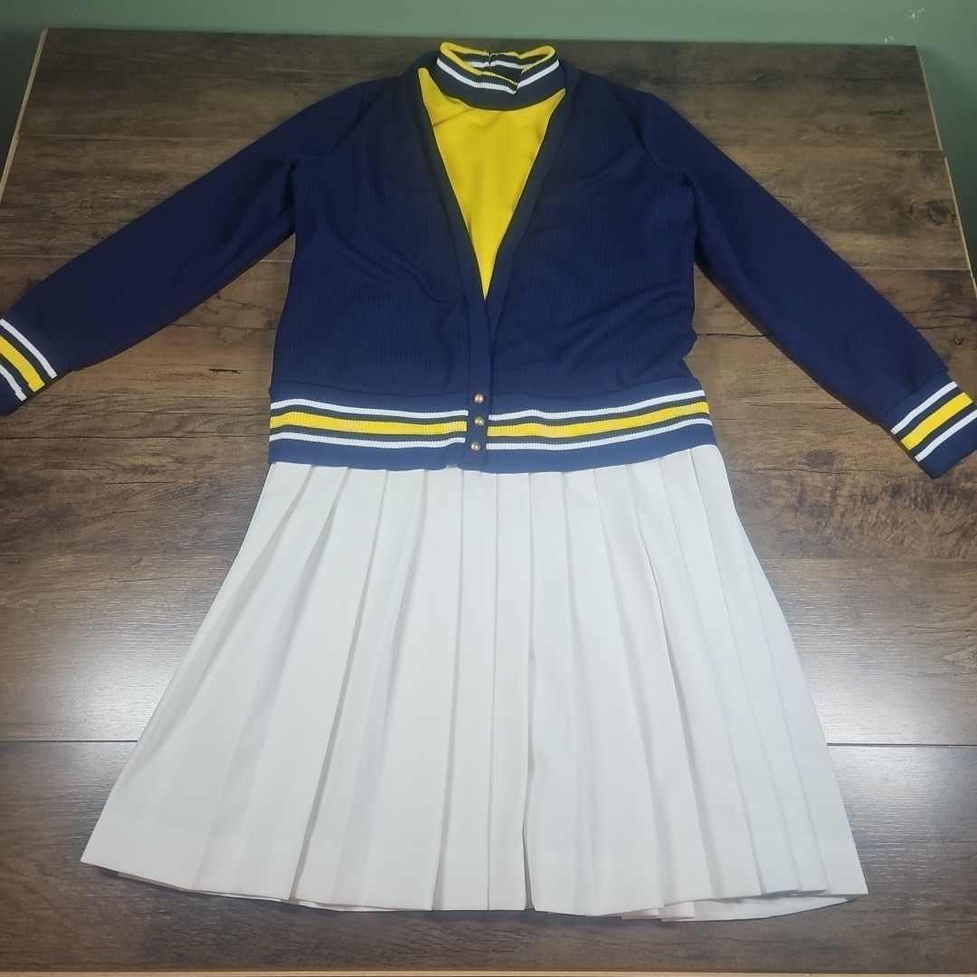 Vintage 60s Blue Yellow White Toni Todd Accordion Pleat Flare Dress & Sweater