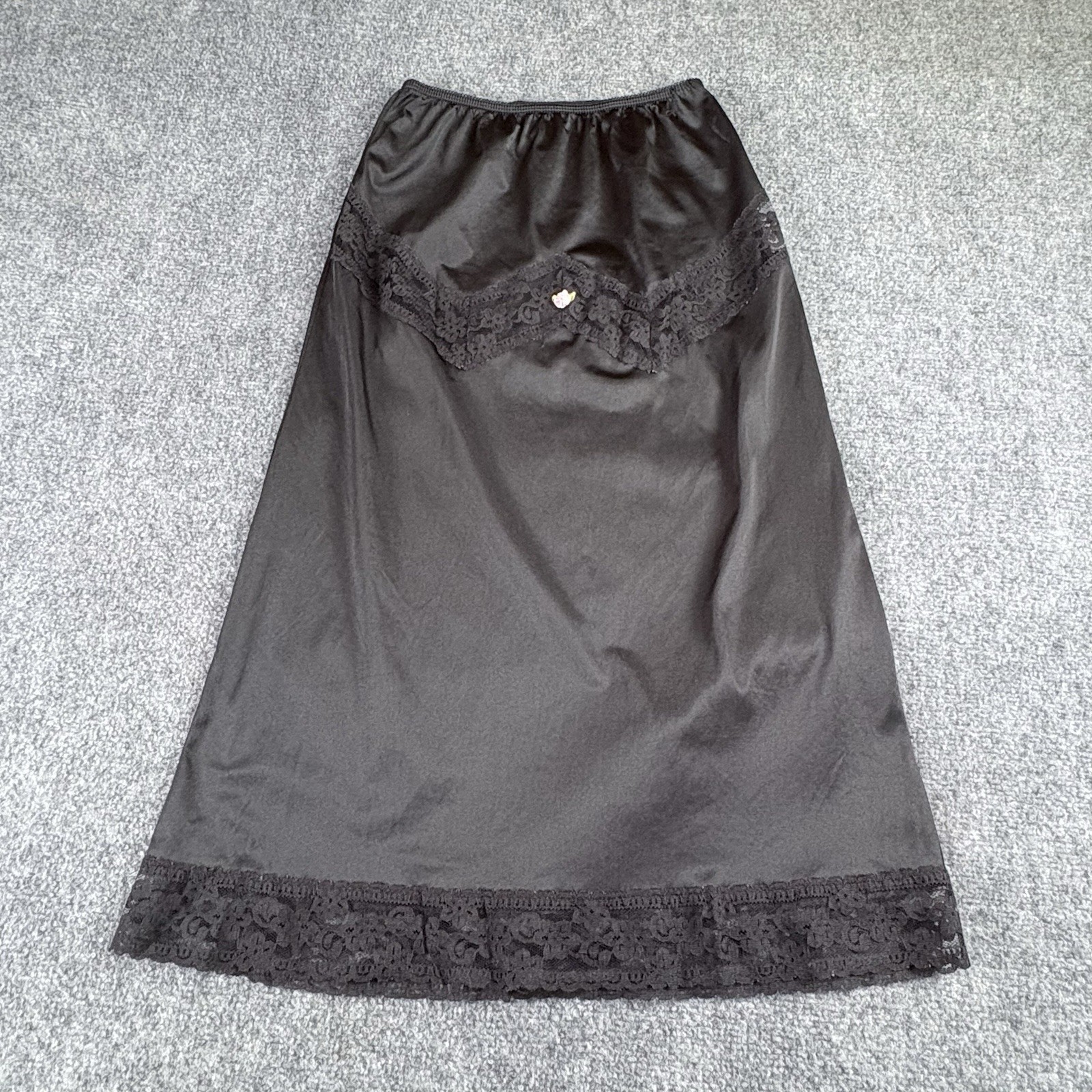 Vintage 70s Body Chic Half Slip Women’s S Black Lace Trim USA Nylon Lingerie 80s