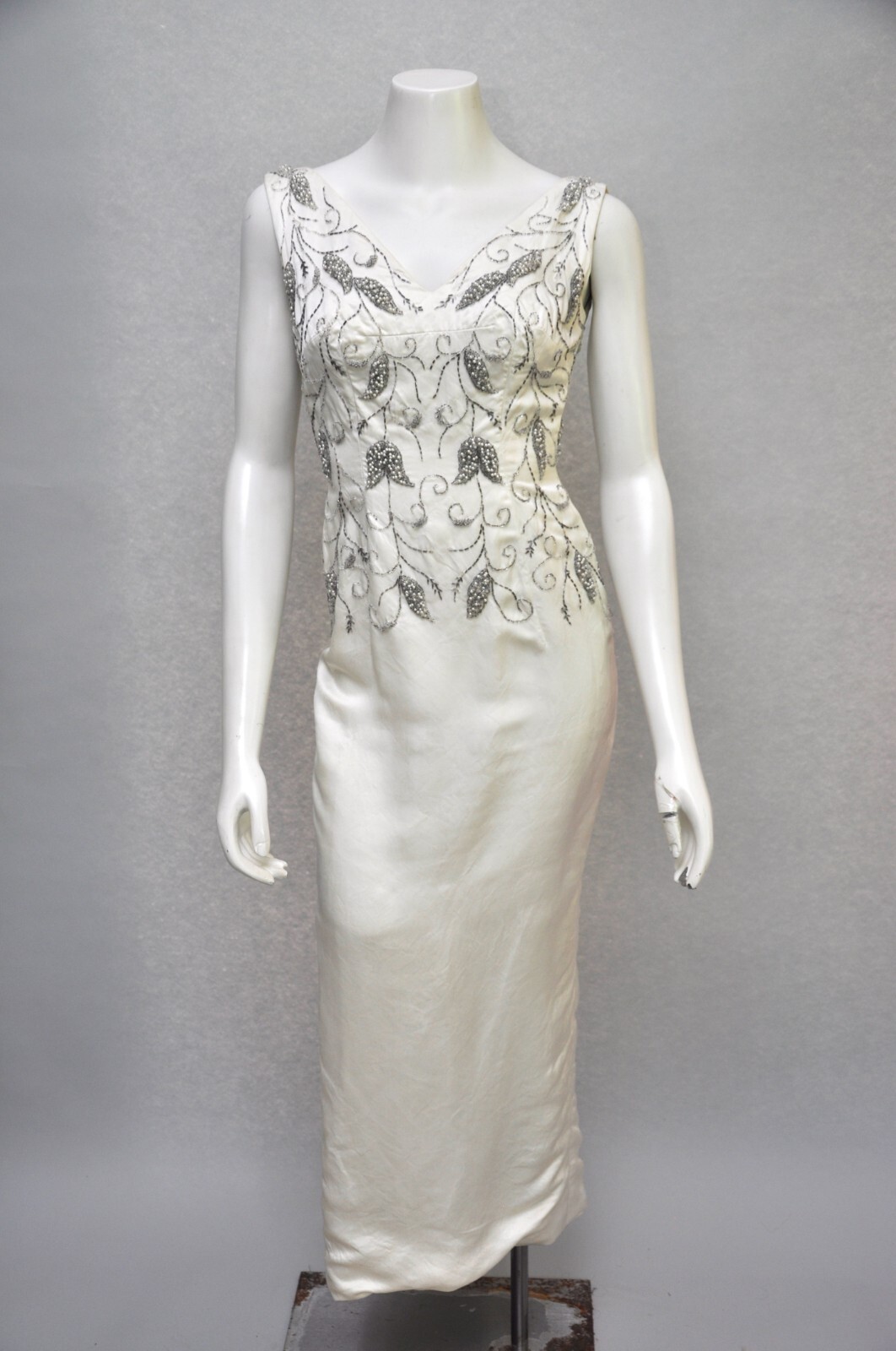 Vintage 1950s Ivory Cream Silk Beaded Sleeveless Wedding Formal Party Dress XS