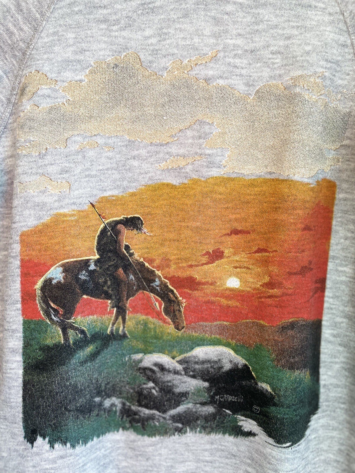 Vintage S 80s Sweatshirt Crewneck Heather Grey Native American Horse EUC