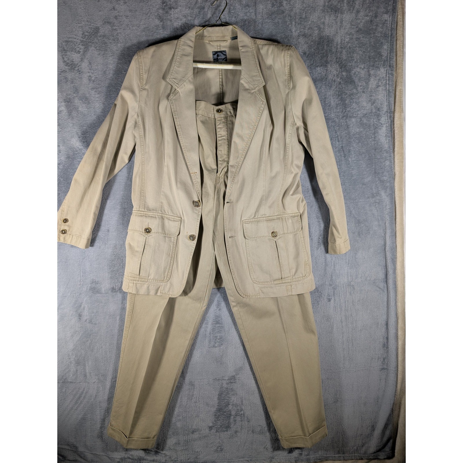 Vintage Liz Sport Khaki Tan Safari Pant Suit Set Shoulder Pads Cotton Size 12