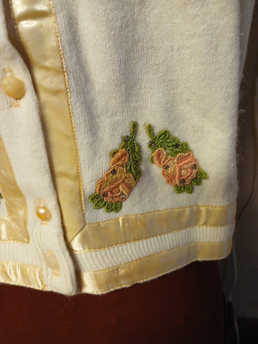Vtg 50s Angora Ivory Wool Floral Sweater satin floral appliques Lovely!