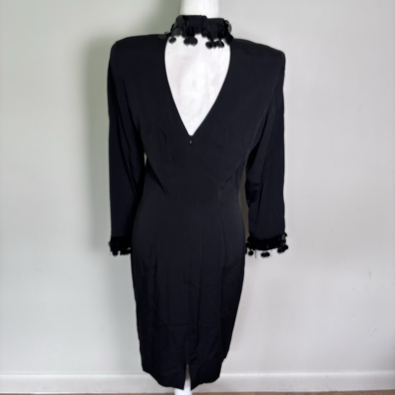 Vintage 80s BB Collections Formal Black High Neck Sheath Dress-Circle Sequins-10