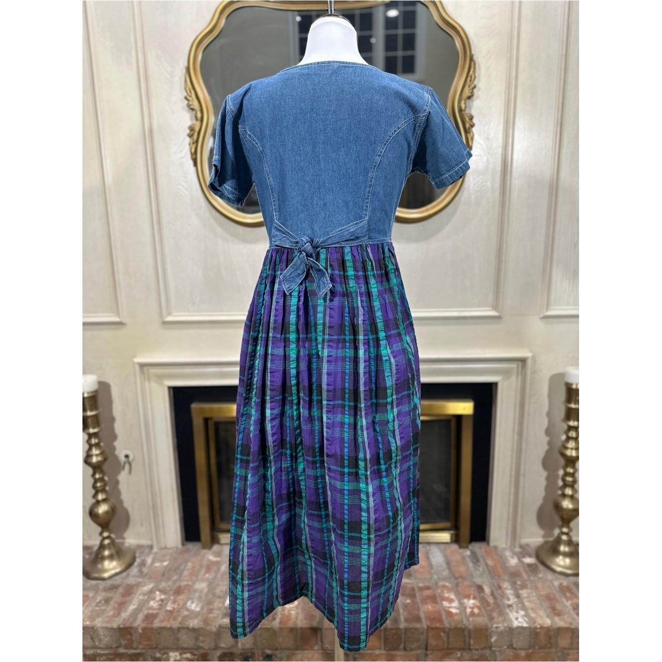 Jane Ashley Denim Plaid Dress size M Vintage Cottagecore Grannycore Boho
