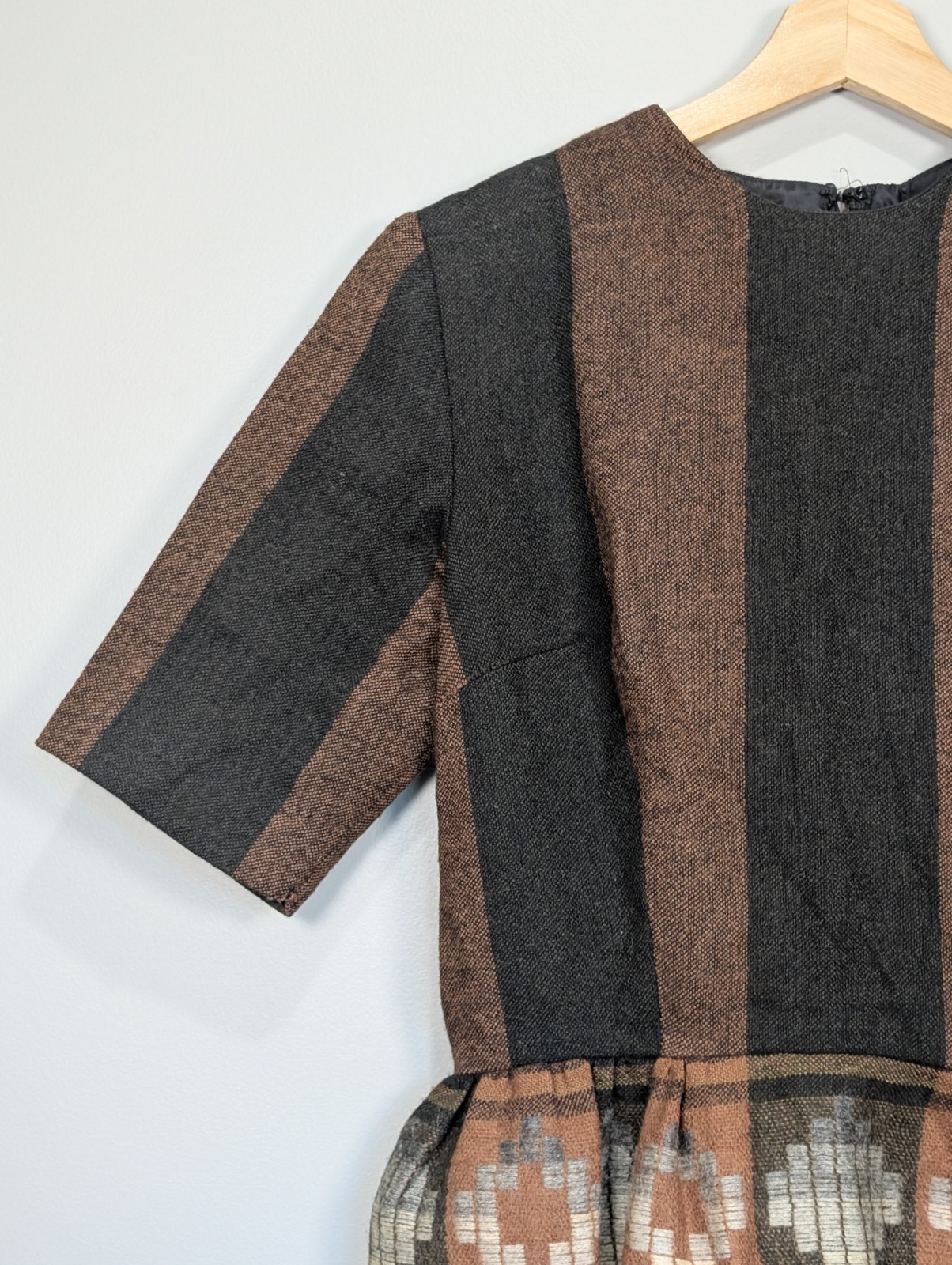 Vintage Southwestern Wool Blend Midi Dress Brown Grey Striped Geometric Waist