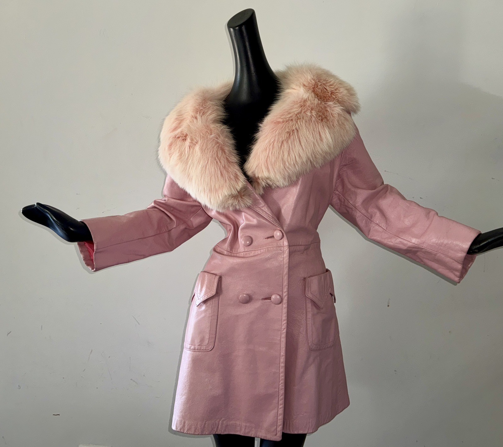 Vtg 60s 70s Large Pink Leather Fox Fur Trimmer Colar Pea Coat Dress Jacket MOD