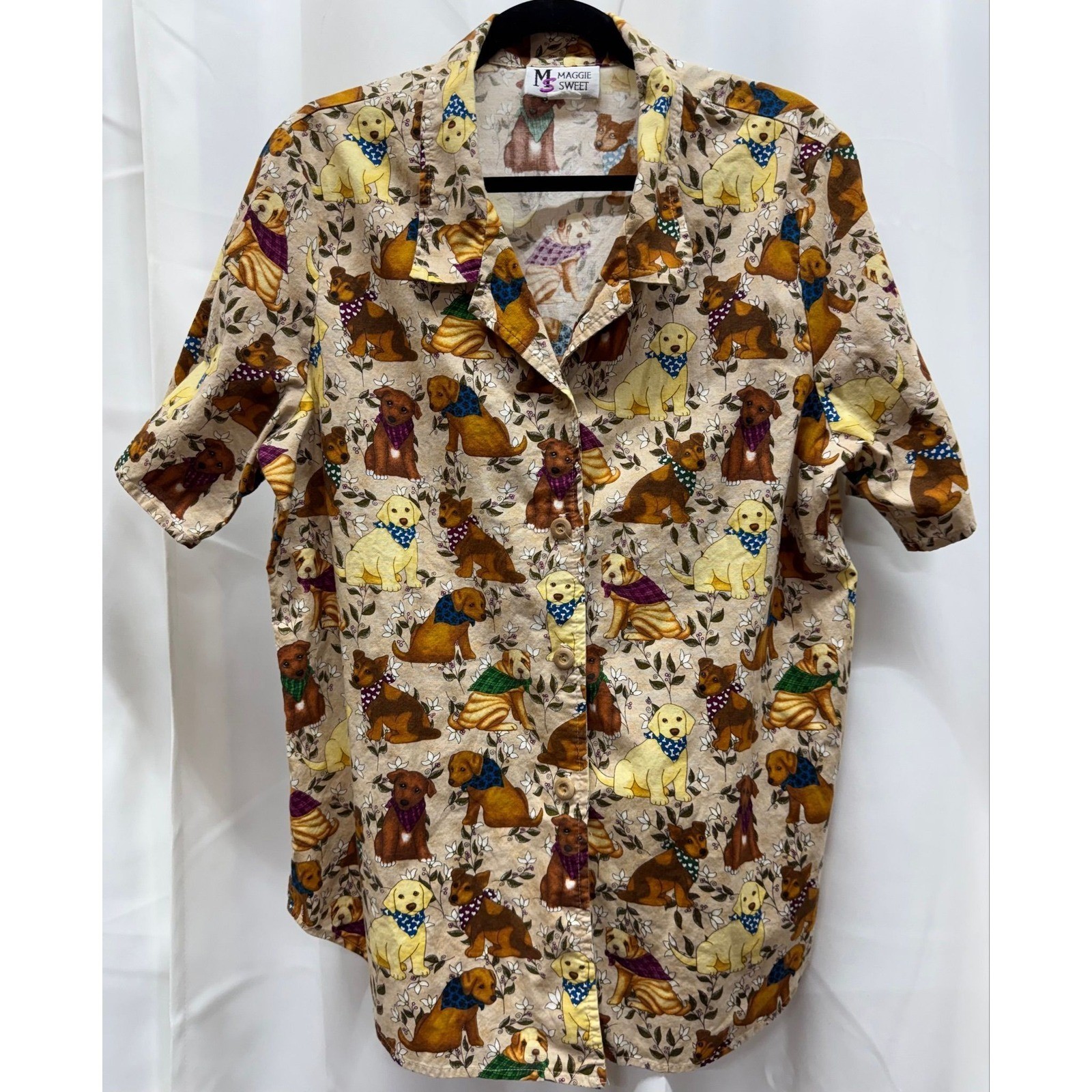 DOGS! Sz L PTP 22″ Maggie Sweet Button-Up Short Sleeve 100% Cotton Made in USA
