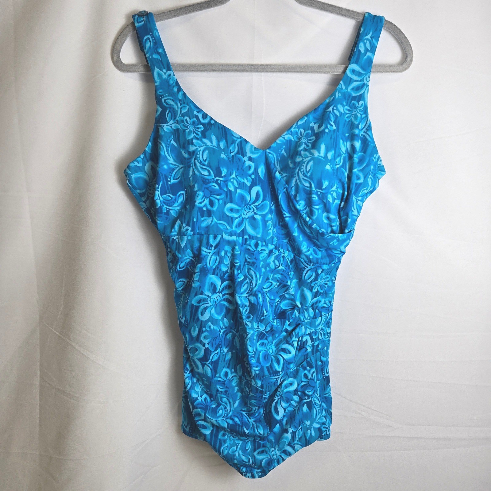 Maxine Of Hollywood One Piece Swimsuit Blue Floral Side Ruching Vtg 90s Size 16